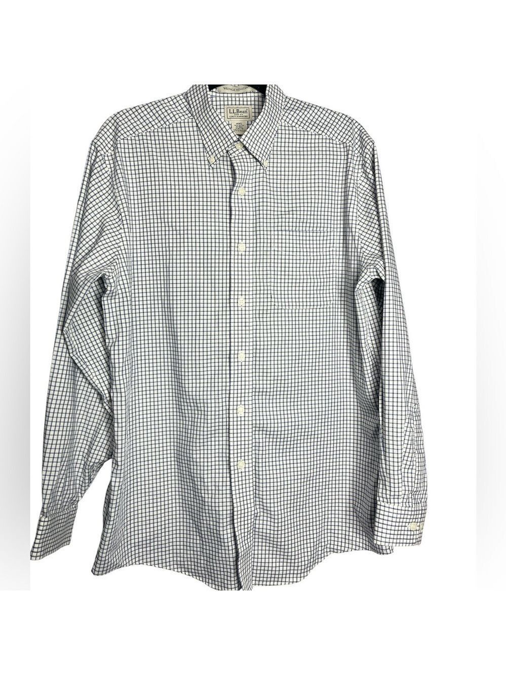 LL Bean Long Sleeve Blue Plaid Check Wrinkle Resistant Button Down Shirt, size M